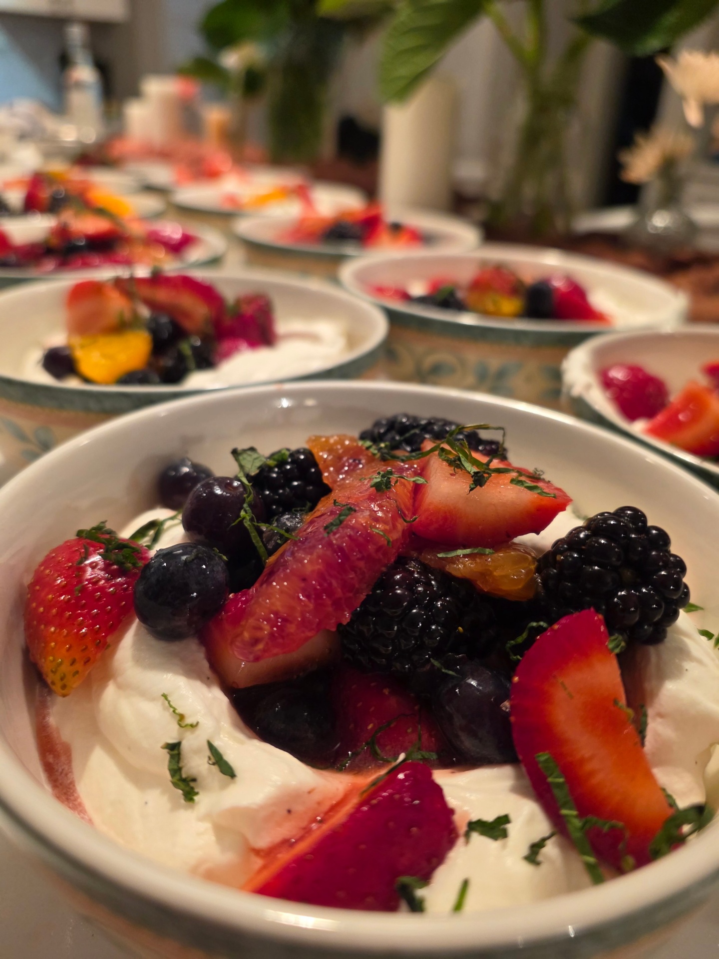 Fresh berries with citrus and whipped mascarpone dessert course plated for a private dinner